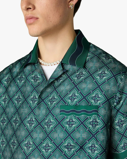 CHEMISE EN SOIE À MANCHES COURTES VERT FONCÉ À MONOGRAMME RAYONNANT